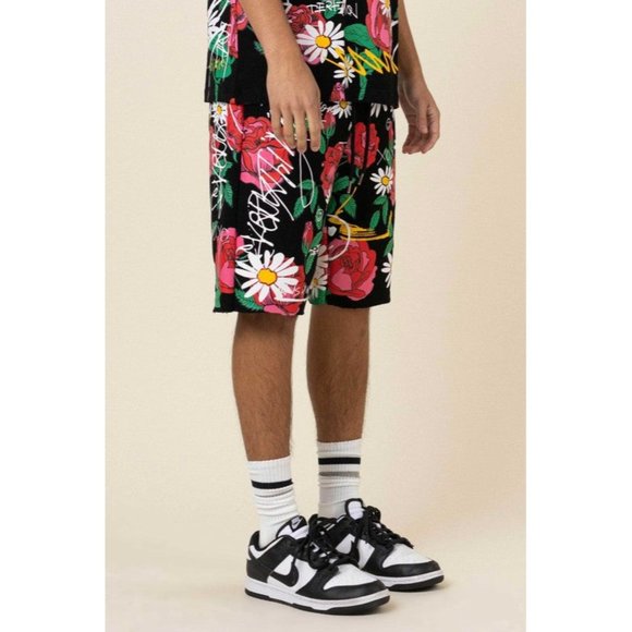 FIRST ROW CASUAL PANTS SHORT SUMER ALLOVER ROSE BLOOM  PRINT - Picture 5 of 9